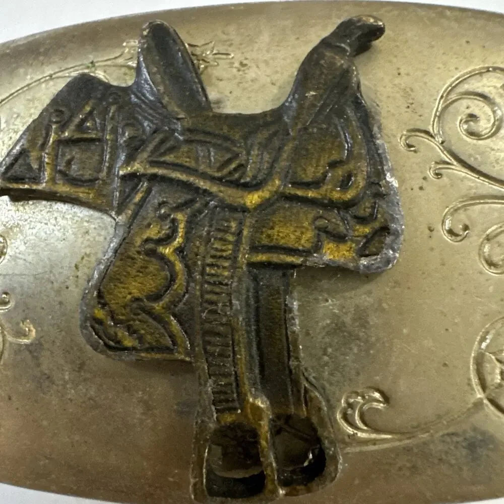 Vintage Western Belt Buckle Silver Engraved Ornate Brass Spinning Kinetic Saddle